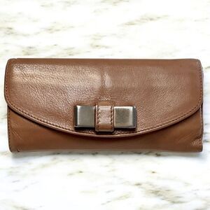 Chloe LILY Long Wallet Bifold Soft Brown Nappa Leather Silver Ribbon Bowtie Snap